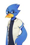  2019 alpha_channel anthro avian beak berdly blue_body blue_feathers clothed clothing deltarune eyebrows eyewear feathers glasses half-closed_eyes handshake_(artist) looking_at_viewer male raised_eyebrow shirt simple_background solo topwear transparent_background undershirt video_games wings 