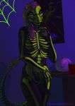  2019 absurd_res anthro balls bodypaint bone breasts dinosaur dromaeosaurid eyewear food front_view fruit glasses gynomorph hair half-erect halloween hi_res holidays inside intersex ld ldr looking_at_viewer neon nipples nude penis plant portrait pumpkin purple_hair reptile scalie skeleton solo theropod three-quarter_portrait uncut velociraptor 