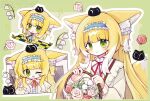  1girl :d aimi_(mhs6546266) animal_ear_fluff animal_ears arknights basket black_cat blonde_hair blue_hairband cardigan cat chibi chinese_commentary closed_mouth colored_tips commentary_request commission creature_on_head flower fox_ears fox_girl fox_tail frilled_hairband frills green_eyes hairband heixiu highres holding holding_basket lily_of_the_valley long_hair long_sleeves luo_xiaohei_zhanji multicolored_hair multiple_views name_connection neck_ribbon object_namesake official_alternate_costume one_eye_closed open_cardigan open_clothes open_mouth red_ribbon ribbon second-party_source shirt smile suzuran_(arknights) suzuran_(spring_praise)_(arknights) tail two-tone_hair watermark white_cardigan white_hair white_shirt 