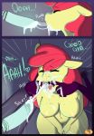  2016 absurd_res anthro apple_bloom_(mlp) bodily_fluids border breasts comic cum cum_in_mouth cum_inside cum_on_breasts cum_on_face cum_string cumshot cumshot_in_mouth dialogue digital_media_(artwork) disembodied_hand disembodied_penis duo earth_pony ejaculation english_text equid equine eyes_closed female friendship_is_magic fur genital_fluids hair halloween hi_res holidays horse kneeling male mammal my_little_pony navel nipples nude open_mouth oral orgasm penis pony purple_border pussy red_hair sex somescrub teeth text tongue yellow_body yellow_fur 