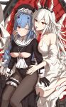 1girl 2girls absurdres ahoge arbiter_the_hierophant_v_(azur_lane) azur_lane bare_shoulders black_gloves black_leotard black_pantyhose blue_hair breasts collarbone dress gloves highres large_breasts leotard licking long_hair long_sleeves looking_at_another marco_polo_(azur_lane) marco_polo_(the_queen_of_hearts)_(azur_lane) mimma_ring_(nobuyueli) multiple_girls nun official_alternate_costume one_eye_closed open_mouth pantyhose red_eyes saliva saliva_trail siren_(azur_lane) sitting thigh_strap tongue tongue_out underboob very_long_hair white_dress white_hair yuri 