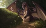 anthro belly big_belly bodily_fluids bulge dragon drooling eating female feral forest grass group hi_res hoffersanchez horn hunter invalid_tag lizard male membrane_(anatomy) mythological_creature mythological_scalie mythology nonbinary_(lore) open_mouth orange_eyes paws pink_body plant predator/prey prey_pov purple_body reptile saliva scales scalie scared spikes tan_body teeth tongue tree trio victims vore white_body wings