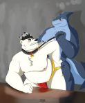  2019 absurd_res anthro belly blue_body blush bulge clothing duo fish fur hi_res humanoid_hands jockstrap male male/male mammal marine moobs navel nipples overweight overweight_male sex shark towelthebear underwear ursid white_body white_fur 