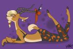  2019 3_fingers antelope anthro biped blonde_hair bovid breasts brown_body brown_fur clothed clothing digital_media_(artwork) disney eyes_closed female fingers fur gazelle gazelle_(zootopia) grant&#039;s_gazelle hair horn jabberwockychamber mammal nanger simple_background solo true_antelope zootopia 