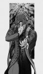  1boy blood blood_on_clothes blood_on_face blood_on_hands cowboy_shot fate/grand_order fate_(series) ggamegv greyscale grigori_rasputin_(fate) hand_over_face highres kotomine_kirei long_sleeves male_focus monochrome outstretched_hand priest short_hair solo stole 