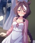  1girl animal_ears blush braid braided_ponytail breasts brown_hair cleavage closed_mouth curtains dress highres horse_ears horse_girl indoors long_hair long_sleeves looking_at_viewer medium_breasts multicolored_hair night night_sky pink_eyes sakura_chitose_o_(umamusume) see-through_clothes see-through_sleeves sky smile solo streaked_hair takiki umamusume white_dress window 