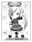  1girl :3 arm_up blue_archive blush border chibi closed_mouth full_body greyscale halo highres legs_apart long_hair looking_at_viewer monochrome mutsuki_(blue_archive) nicebaka2525 polka_dot polka_dot_background school_uniform scope side_ponytail smile solo sparkle standing white_border 