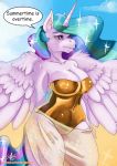 2019 anthro anthrofied big_breasts breasts cleavage clothed clothing cloud cutie_mark dialogue empressbridle english_text equid feathered_wings feathers female friendship_is_magic hair horn mammal multicolored_hair my_little_pony nipple_outline one-piece_swimsuit outside princess_celestia_(mlp) purple_eyes solo sparkles swimwear text tight_clothing translucent winged_unicorn wings 