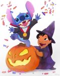  2019 4:5 4_fingers 4_toes alien black_hair blue_body blue_claws blue_fur blue_nose blue_pawpads candy claws clothing cosplay costume disney duo experiment_(lilo_and_stitch) fingers food fur hair halloween happy hat head_tuft headgear headwear hi_res holidays human jack-o&#039;-lantern lilo_and_stitch lilo_pelekai long_hair looking_at_another looking_up mammal medallion notched_ear official_art open_mouth open_smile pawpads raised_leg simple_background smile stitch_(lilo_and_stitch) toes tuft unknown_artist vampire_costume white_background witch_costume witch_hat young 