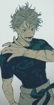  1boy abs belt black_belt black_shirt blue_eyes commentary gojou_satoru gradient_background grey_background hakama hand_on_own_shoulder hand_up highres japanese_clothes jujutsu_kaisen lower_teeth_only male_focus messy_hair mim_(mimya0600) pants scar scar_on_arm scar_on_cheek scar_on_face scar_on_forehead scar_on_hand scar_on_neck shirt short_hair short_sleeves signature skin_tight smile solo teeth toned toned_male upper_body white_hair white_hakama white_pants 