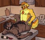 absurd_res alchohol alcohol anal anal_penetration anthro armpit_hair balls beard belly belly_hair beverage bird_dog blush bodily_fluids body_hair book brown_body canid canine canis chest_hair container cookbook cup cutlery cutting_board digital_media_(artwork) domestic_dog drinking_glass duo english_text erection eyewear facial_hair food foreskin fur genital_fluids genitals glass glass_container glass_cup glasses golden_retriever grey_hair hair happy_trail hi_res humanoid_genitalia humanoid_hands humanoid_penis hunting_dog inside kitchen kitchen_cabinet kitchen_counter kitchen_knife kitchen_utensils knife kon_shearo leg_grab looking_up looking_up_at_another lustful_gaze lying male male/male male_penetrated male_penetrating male_penetrating_male mammal mature_male muscular muscular_arms musk mustache nipple_piercing nipples nude on_back on_counter orange_hair overweight overweight_male penetration penis piercing plant precum pubes retriever scar sex spilled_drink suid suine sus_(pig) sweat tail tattoo text thigh_grab tile tile_wall tongue tools vegetable wall_(structure) wild_boar wine wine_bottle wine_glass wolfsnebula yellow_body yellow_fur