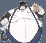  alcohol anthro beer belly belly_overhang beverage big_belly black_body black_fur captainjusticevirtsuoso clothed clothing domestic_cat double_chin felid feline felis fur grin hand_on_hip hat headgear headwear holding_beverage holding_object love_handles male mammal moobs obese obese_male overweight overweight_male smile solo suspenders white_body white_fur wide_hips 