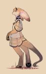  anthro bottomwear clothed clothing collar female fully_clothed fur hi_res horn inner_ear_fluff liki pawpads shirt side_view signature simple_background skirt solo standing tan_background tan_body tan_fur topwear tuft unknown_species white_body white_fur 