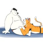  1:1 2019 absurd_res anthro belly bulge clothing duo felid feline fur hi_res humanoid_hands jockstrap male male/male mammal moobs overweight overweight_male polar_bear simple_background sitting towelthebear underwear ursid ursine white_body white_fur 