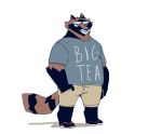  2019 anthro bottomwear brown_body brown_fur canid canine clothing cyanroll footwear fur kuon_(cyanroll) male mammal overweight overweight_male raccoon_dog sandals shirt shorts simple_background solo tanuki text topwear white_background 