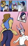  anthro clothed clothing comic crossdressing darkjerthar domination duo embarrassed felid hi_res humanoid_penis kneeling lagomorph leporid lion makeup male male/male mammal oral pantherine penis rabbit voyeur 