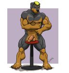 5_fingers 5_toes anthro balls biceps big_muscles biped black_body black_claws black_fur black_nose blonde_hair border broad_shoulders brown_body brown_eyes brown_fur brown_nipples bruce_(chestnuts) calf_muscles canid canine canis cel_shading chestnuts_(artist) claws deltoids domestic_dog erection feet fingers fist flexing flexing_bicep flexing_both_biceps floppy_ears forearm_muscles full_foot_pawpads fur fur_hair furniture genitals hair hairless_balls hairless_penis head_tuft humanoid_feet humanoid_genitalia humanoid_penis leg_markings looking_at_viewer male mammal markings mastiff molosser multicolored_body multicolored_fur muscular muscular_anthro muscular_male navel nipple_fetish nipple_pinch nipple_play nipples nude nude_anthro nude_male pawpads pecs penis penis_on_surface pinch pinching_own_nipple pink_pawpads plantigrade pose purple_background quads rottweiler shaded signature simple_background smile snout socks_(marking) solo standing stool toe_claws toes traditional_media_(artwork) trapezius tuft two_tone_body two_tone_fur whisker_spots white_border wide_stance