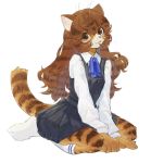  2019 5_fingers anthro biped black_bottomwear black_clothing black_skirt bottomwear brown_hair clothed clothing domestic_cat felid feline felis female fingers fur hair hi_res kemono long_hair looking_at_viewer mammal orange_body orange_fur pororikin simple_background sitting skirt smile snout solo whiskers white_background 