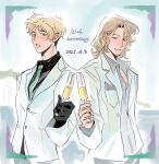  2boys alcohol anniversary axis_powers_hetalia black_gloves black_shirt blonde_hair blush breast_pocket buttons champagne collared_shirt commentary cup dated drinking_glass english_text facial_hair fingernails formal_clothes france_(hetalia) gloves green_eyes green_necktie handkerchief handkerchief_in_pocket highres holding holding_cup jacket lapels lips long_sleeves looking_at_viewer male_focus multiple_boys necktie open_clothes open_jacket pants pixels_(penelopejo18155) pocket purple_eyes shirt short_hair simple_background smile standing suit suit_jacket symbol-only_commentary teeth united_kingdom_(hetalia) white_background white_jacket white_pants white_shirt 