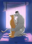  2019 absurd_res anthro bed belly butt duo eyes_closed felid feline furniture hi_res hug kissing male male/male mammal moobs nipples overweight overweight_male towelthebear ursid 