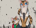  2014 backpack blue_eyes blush bottomwear brown_body brown_fur clothed clothing duo fangs felid feline fur grey_background liki looking_at_viewer mammal open_mouth open_smile shirt signature simple_background skirt smile stripes teeth tongue topwear young 