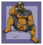 5_fingers 5_toes anthro arm_on_leg balls biceps biped black_body black_claws black_fur black_nose blonde_hair border brown_body brown_eyes brown_fur brown_nipples bruce_(chestnuts) calf_muscles canid canine canis cel_shading chestnuts_(artist) claws domestic_dog feet fingers flaccid floppy_ears full_foot_pawpads fur fur_hair genitals hair hairless_balls hairless_penis hand_behind_head hand_on_leg head_tuft humanoid_feet humanoid_genitalia humanoid_penis leg_markings looking_at_viewer male mammal markings mastiff molosser multicolored_body multicolored_fur muscular muscular_anthro muscular_male navel nipples nude nude_anthro nude_male pawpads pecs penis pink_pawpads plantigrade pose purple_background raised_knee raised_leg rottweiler seductive shaded signature simple_background sitting smile socks_(marking) solo spread_legs spreading toe_claws toes traditional_media_(artwork) trapezius tuft two_tone_body two_tone_fur whisker_spots white_border