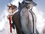  2013 abs anthro black_collar blue_eyes brown_body brown_fur cheek_tuft clothed clothing collar duo face_tuft fangs fur kemono liki looking_at_viewer male necktie piercing pink_eyes side_view signature suit tattoo tuft unknown_species 