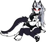 anthro blush breasts canid canid_demon canine clothed clothing clothing_lift collar demon ear_piercing female flashing flashing_breasts fur hair hellaverse hellhound helluva_boss loona_(helluva_boss) mammal mythological_canine mythological_creature mythology nipple_piercing nipples piercing red_sclera shirt shirt_lift solo spiked_collar spikes topwear trout_(artist) white_body white_fur