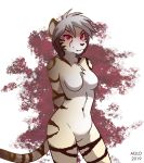  abstract_background aello anthro breasts chest_tuft facial_markings featureless_breasts featureless_crotch felid feline female fur hair head_markings looking_at_viewer mammal markings navel nude red_background red_eyes simple_background solo standing stripes tan_body tan_fur tuft white_background white_body white_fur white_hair 