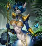 2019 5_fingers anthro aomori armor arthropod blue_hair breasts butterfly canid canine clothing female fingers fox hair holding_object holding_weapon insect jewelry krystal lepidopteran loincloth mammal markings melee_weapon necklace nintendo polearm short_hair solo spear star_fox tribal_markings video_games weapon 