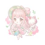  1girl =_= ahoge animal ankle_socks artist_name baonu_de_zhanshen_caibutou basket beads blunt_bangs bow bowtie braid brown_eyes cat cherry_blossoms chibi chinese_commentary cloak clothed_animal collared_shirt commentary_request crown_braid dress ear_covers eyelashes floral_background flower frilled_cloak frilled_hood frilled_shirt_collar frilled_socks frills green_bonnet hair_flower hair_ornament hat hat_bow hat_flower highres holding holding_basket hood hood_up hooded_cloak infinity_nikki leaking light_blush light_particles long_hair long_sleeves looking_at_viewer loose_hair_strand medium_dress momo_(nikki) nikki_(nikki) nikki_(series) official_alternate_costume open_mouth pink_bow pink_cloak pink_dress pink_flower pink_hair pink_rose pink_shoes purple_flower rose shirt shirt_under_dress shoes sidelocks single_stripe smile socks square_neckline striped_bow striped_bowtie striped_clothes tareme very_long_hair white_background white_bow white_bowtie white_cat white_shirt white_socks wide_sleeves 