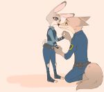  2016 anthro biped blue_eyes bodily_fluids canid canine clothed clothing disney duo female fox fur green_eyes hand_holding hi_res judy_hopps kneeling lagomorph leporid male mammal nick_wilde plantigrade puki rabbit simple_background standing tears white_background zootopia 