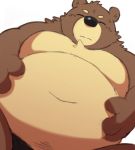  96tning anthro belly brown_bear brown_body brown_fur clothed clothing eyes_closed fur hand_on_stomach male mammal moobs navel overweight overweight_male simple_background solo topless ursid ursine white_background 
