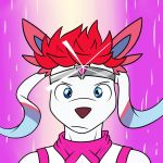  1:1 abstract_background accessory anthro anthrofied clothed clothing eeveelution evolution fuze headband hi_res magical_girl_outfit male nintendo pok&eacute;mon pok&eacute;mon_(species) scarf solo sylveon transformation video_games 