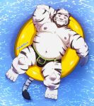  2019 absurd_res anthro belly bulge clothing felid fur hi_res humanoid_hands jumperbear lying male mammal moobs navel nipples outside overweight overweight_male pantherine solo swimwear tiger water white_body white_fur 