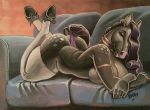  2019 anthro breasts butt clothed clothing ear_piercing equid equine female hooves horse legwear looking_at_viewer lying mammal mane on_front on_sofa piercing purple_mane siyah smile solo spots spotted_body stockings thigh_highs 