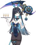  1girl abigail_(black_survival) abigail_(poker_face)_(black_survival) absurdres alcohol animal_ears bare_arms bare_shoulders belt black_hair black_leotard black_survival blue_bow blue_hair blue_hairband blue_leotard bow breasts champagne closed_mouth clothing_cutout colored_inner_hair commentary_request cup cutout_above_navel dalgam12 dice eternal_return:_black_survival fake_animal_ears gold_trim green_eyes hair_intakes hair_ornament hairband hairclip hand_up highleg highleg_leotard highres holding holding_scythe korean_commentary large_breasts leotard long_hair looking_at_viewer multicolored_hair official_alternate_costume pantyhose playboy_bunny revision scythe thigh_gap v 