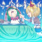  2girls alcohol black_skirt blonde_hair blue_background blush blush_stickers bow brown_shirt cake champagne champagne_flute commentary_request cowboy_shot cup drinking_glass drooling feeding food fork french_fries frilled_bow frills green_hair hair_bow half_updo hat holding holding_fork kagiyama_hina kotatsu long_hair mizuhashi_parsee multiple_girls obi open_mouth party_hat pointy_ears ponytail red_bow sash scarf shiba_meiji shirt short_hair short_ponytail short_sleeves skirt smile table touhou triangle_mouth under_kotatsu under_table white_sash white_scarf 