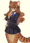  2019 5_fingers anthro black_bottomwear black_clothing black_skirt bottomwear brown_hair clothed clothing domestic_cat felid feline felis female fingers fur hair hi_res kemono long_hair looking_at_viewer mammal orange_body orange_fur pororikin simple_background skirt smile snout solo standing tongue tongue_out whiskers white_background 