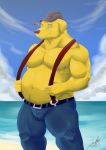  &lt;3 anthro beach belly belt biceps bird_dog bojack_horseman bottomwear bulge canid canine canis captain_peanutbutter clothed clothing cloud digital_media_(artwork) domestic_dog floppy_ears fur hat headgear headwear hi_res hunting_dog jabuhusky jeans labrador looking_at_viewer male mammal mature_male musclegut muscular muscular_male navel nipples one_eye_closed outside overweight overweight_male pants pecs portrait retriever sea seaside seductive sky smile solo standing suspenders three-quarter_portrait topless water wink yellow_body yellow_fur 