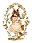  1girl animal_ear_fluff animal_ears apple apron artist_name banner basket bow bowtie braid branch brown_eyes brown_hair brown_hat bug butterfly commentary dress eating english_text floating_hair flower food footwear_bow fox_ears fox_girl fox_tail frilled_apron frills fruit full_body green_bow hair_flower hair_ornament hair_ribbon hand_up hat hat_on_back hinata_(echoloveloli) holding holding_basket holding_food holding_fruit long_hair long_sleeves looking_to_the_side low_twin_braids orange_butterfly original outdoors puffy_long_sleeves puffy_sleeves ribbon shoes sideways_glance simple_background solo standing standing_on_one_leg straight-on symbol-only_commentary tail twin_braids walking white_apron white_background white_bow white_bowtie white_flower white_ribbon white_shoes yellow_dress 