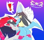  2019 ambiguous_gender angry anthro blush breasts butt butt_grab canid canine claws digital_media_(artwork) duo female female/ambiguous fingers fur hair hand_on_butt hi_res humor knightmoonlight98 lucario lust mammal nintendo open_mouth pok&eacute;mon pok&eacute;mon_(species) simple_background smile video_games zoroark 