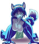  2018 3_toes 5_fingers accessory all_fours anthro barefoot blue_eyes blue_hair breasts canid canine claws clothed clothing eyelashes featureless_breasts feet female fingers fox fur hair hair_accessory hairband half-closed_eyes hanging_breasts hi_res jewelry krystal loincloth looking_at_viewer mammal markings nintendo short_hair simple_background smile smirk solo star_fox styloghost tailband toes topless tribal_markings video_games white_background 