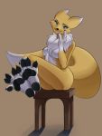  4_toes anthro blue_eyes breasts butt chest_tuft claws deviantchump digimon digimon_(species) dipstick_tail featureless_breasts feet female foot_focus furniture hi_res looking_at_viewer multicolored_tail nude pawpads plantigrade renamon soles solo stool toe_claws toes tuft 