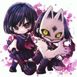  artist_name black_hair black_serafuku black_skirt black_socks blood blood_on_face chibi claws dual_persona fox_hinako fox_mask highres holding holding_lead_pipe kneeling lead_pipe looking_at_viewer mask mismatched_arms neckerchief pleated_skirt red_neckerchief school_uniform serafuku shimizu_hinako shion-1115 silent_hill_(series) silent_hill_f skirt socks spoilers watermark yellow_eyes 