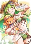  1girl bikini breasts commentary_request dated fire_emblem fire_emblem:_mystery_of_the_emblem fire_emblem_heroes flower green_bikini green_eyes green_hair hair_flower hair_ornament hat highres holding holding_stuffed_toy looking_at_viewer medium_breasts navel official_alternate_costume palla_(fire_emblem) palla_(summer)_(fire_emblem) smile solo standing stuffed_animal stuffed_toy sun_hat swimsuit teddy_bear translation_request tyun_nonokaze 