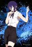  1girl absurdres animage armpit_crease black_background black_choker black_ribbon black_shorts blue_background chainsaw_man choker closed_mouth collared_shirt copyright_name copyright_notice cowboy_shot green_eyes hair_between_eyes hair_bun half-closed_eyes hand_up head_tilt high-waist_shorts highres holding holding_own_hair kuroda_chiharu light_blush light_smile long_bangs looking_at_viewer magazine_scan neck_ribbon official_art purple_hair reze_(chainsaw_man) ribbon scan shirt shorts sidelocks single_hair_bun sleeveless sleeveless_shirt solo two-tone_background white_shirt 