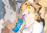  anthro beverage black_body black_fur cheek_tuft claws drinking duo face_tuft facial_markings felid feline female fluffy fur head_markings holding_beverage holding_object kemono liki looking_at_viewer mammal markings multicolored_body multicolored_fur neck_tuft pawpads pink_nose slit_pupils solo_focus straw tuft white_body white_fur yellow_body yellow_eyes yellow_fur 