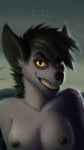  2019 anthro black_hair breasts bust_portrait clenched_teeth dark digital_media_(artwork) disney eyebrows female fenekula fur grey_body grey_fur hair hyaenid looking_at_viewer mammal nipples nude portrait scary shenzi solo teeth the_lion_king 