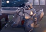  2019 anthro balls belly biped blush bodily_fluids bulge canid canine clothing cum fox genital_fluids hamagiato hi_res male mammal moobs moon night nipples overweight overweight_male sitting solo tongue tongue_out underwear 